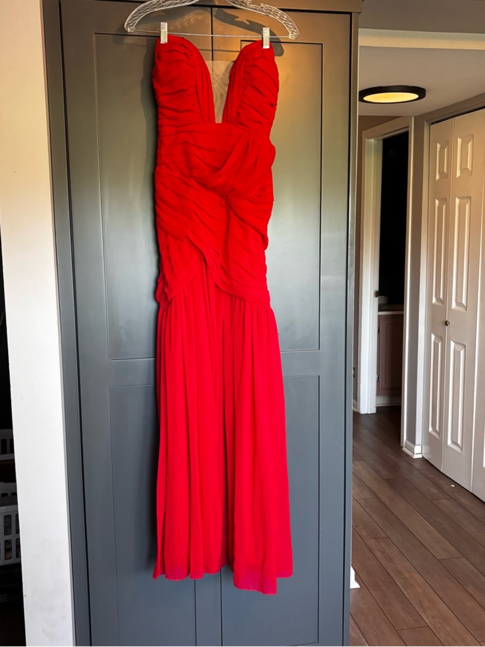 Strapless Red Ruched Sweetheart Evening Dress